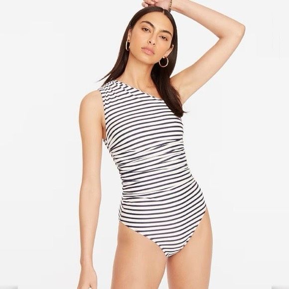 J. Crew One Piece Swimsuit Womens Sz 8 Blue White Striped One Shoulder Ruched - Picture 5 of 16